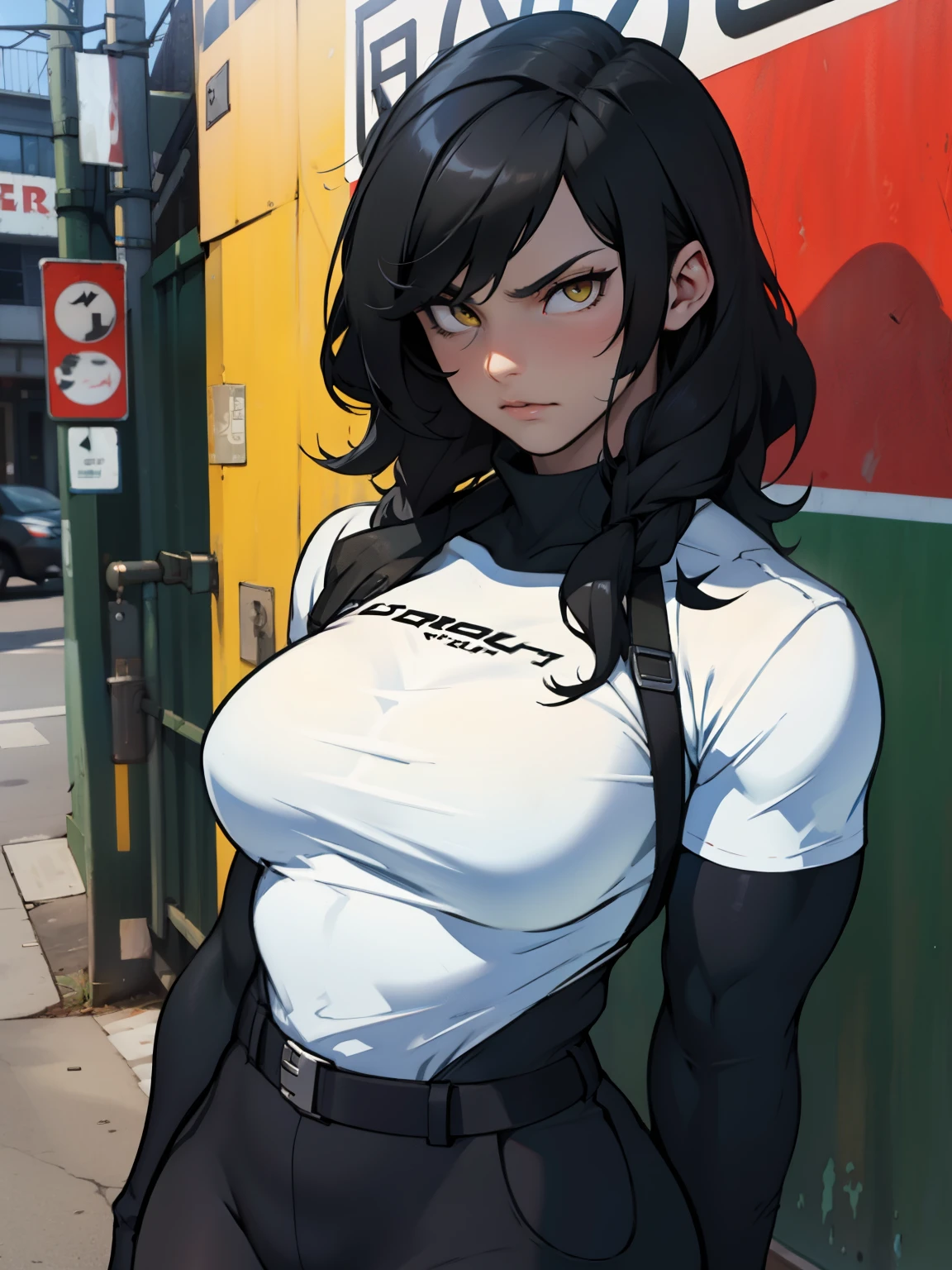 serious girl collant large breasts muscular girl black hair yellow eyes pale skin