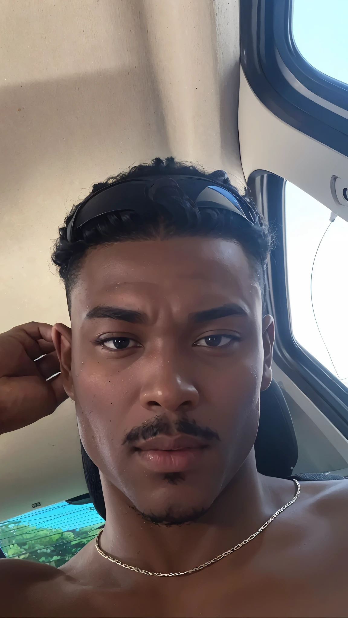 Serious-looking black man, with a marked jaw and striking eyes, little black mustache, serious black man, striking appearance, african man