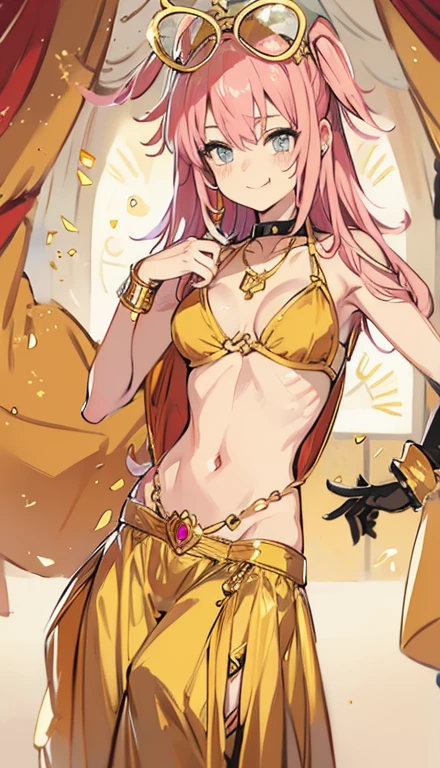 A smug narcissistic pink haired woman wearing a golden bra and golden pants and lots of jewelry flaunting herself