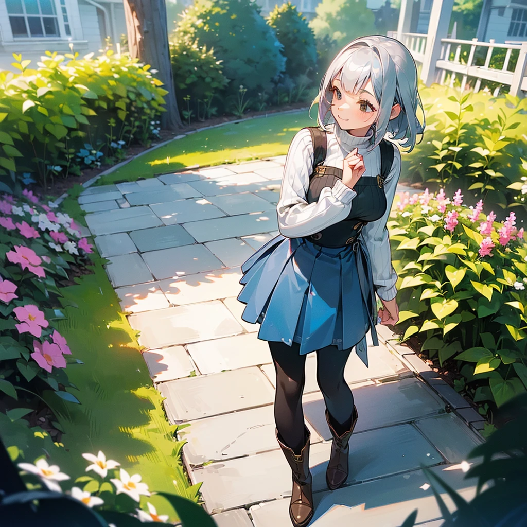 (high quality, High resolution, Very detailed, reality:1.37), Peaceful atmosphere, (Outdoor, garden), Teenage girl standing alone, (my breasts are big.), Beautiful details, Cute Smile, (Silver Hair Bob Hair), Ribbed sweater, Blue Skirt, Black tights, Brown boots.