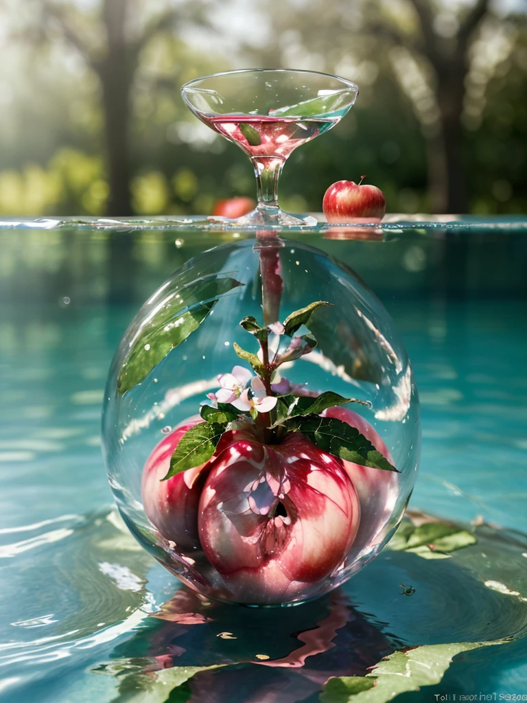 a highly detailed, glossy, hyper realistic, 3D close up photograph of a perfectly clear glass transparent apple with a stem and leaves on top, a pink apple blossom, sitting in pooling water, with beautiful clear water splashes all over the apple and flower, soft misty foggy background in pinks and blues, masterpiece, 8k, ultra-detailed, photo-realistic, vivid colors, studio lighting, physically-based rendering, professional