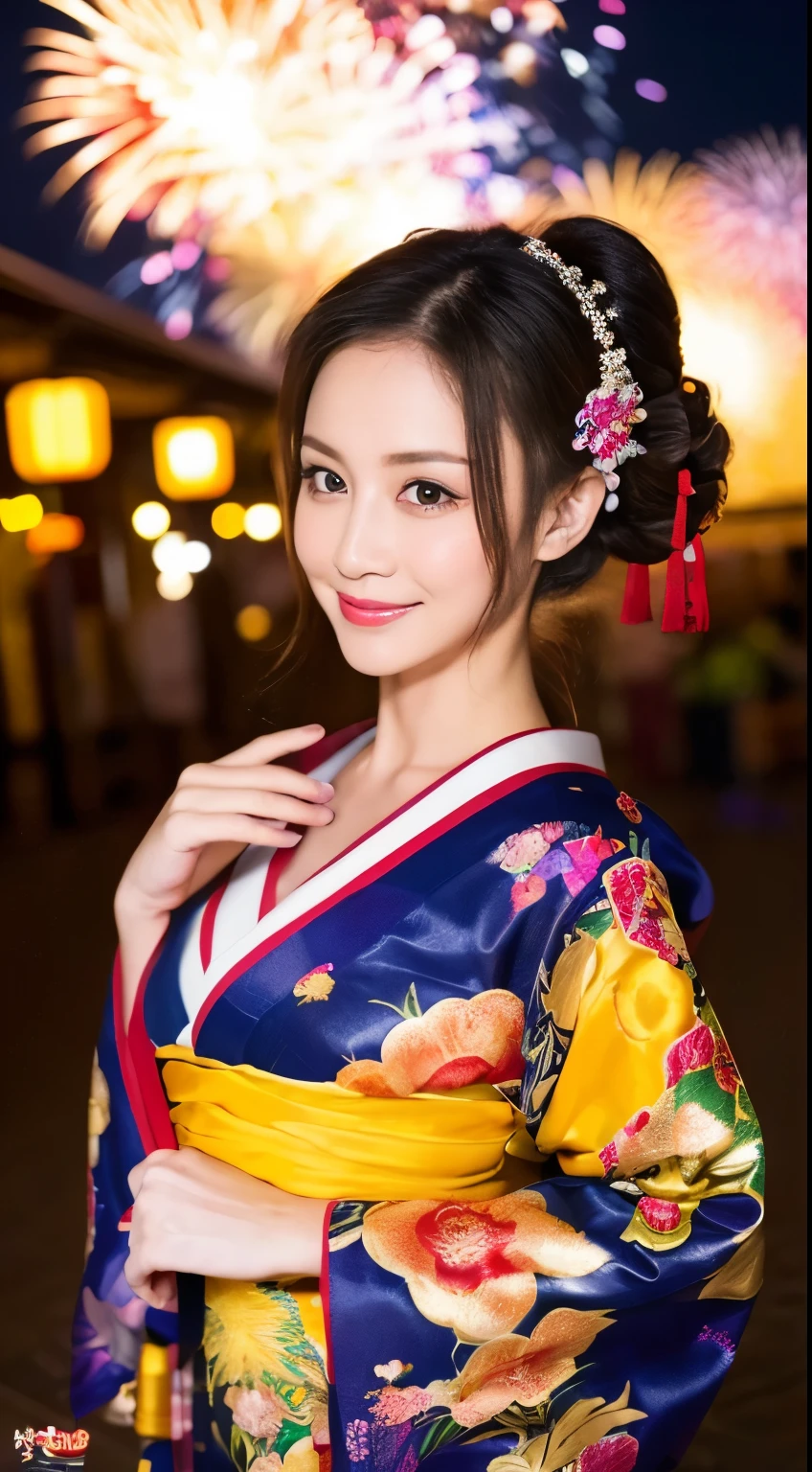 ((masterpiece(:1.4)，Highest quality，Ultra-high resolution，Highest quality，8k，Extremely detailed，In detail))。night，Fireworks display，Japanese，A beautiful woman，Big Breasts，Flashy gal makeup，Oiran，Long-sleeved kimono，Hair tying，hairpin，hair ornaments，geta，Gorgeous and luxurious，(Fireworks displayのnightに河川敷で花火を背景にしたスナップ写真)，Hyper Quality