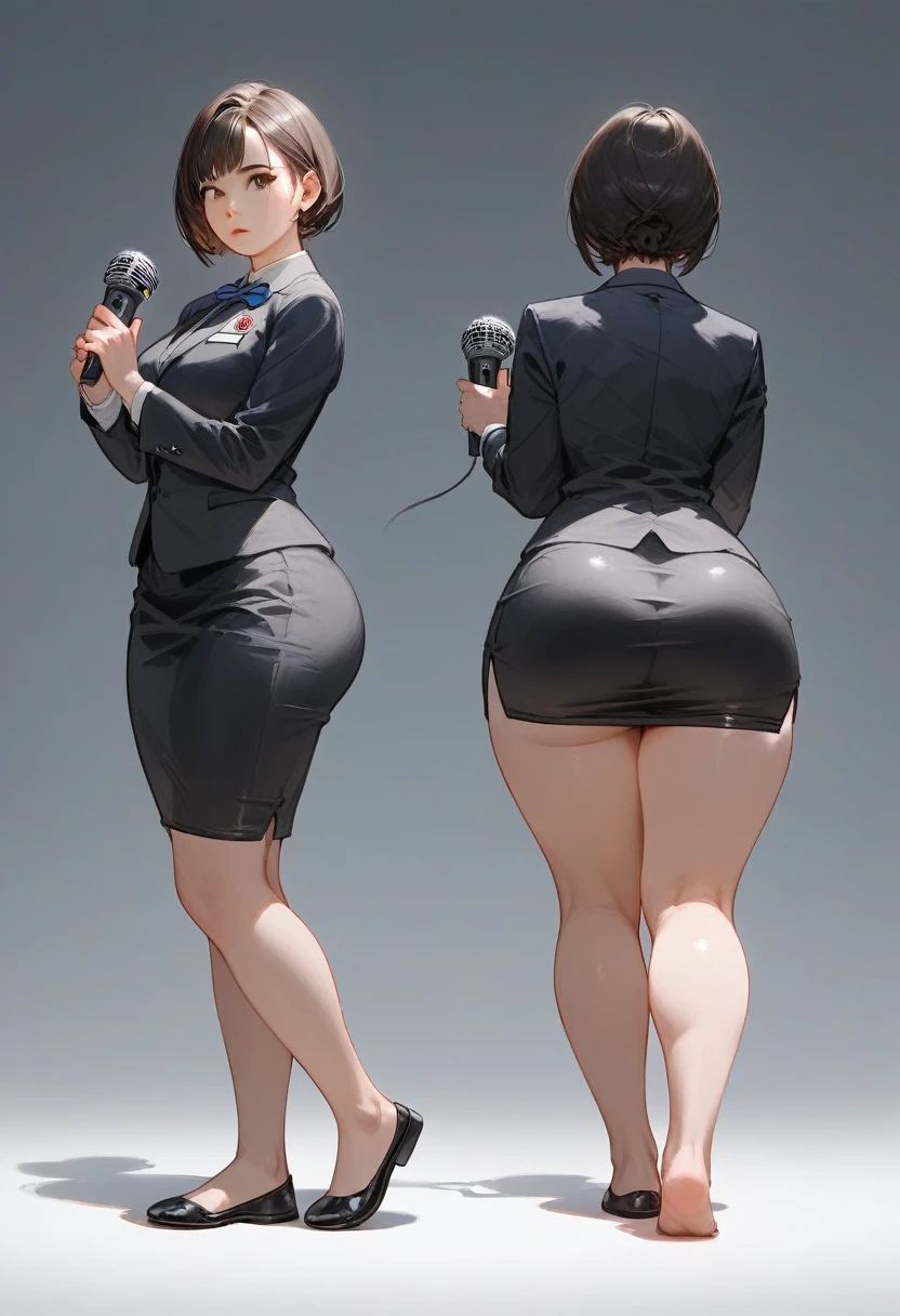 (score_9,score_8_up,score_7_up) 1lady asian, solo, mature female, (black short hair), bob hairstyle, bangs, almond eyes, (suit), tight black blazer, (tight pencil_skirt), blank expression, pale, ((thick thighs)) ((flatshoes, black footwear)) ((wide hips)) standing upright, full body shown, holding microphone, news reporter, busty, thick legs, thick thighs pressed together, asian woman, hourglass bodyfigure, staring at camera, asian details, facing forward, detailed face, staring, side view, plump butt