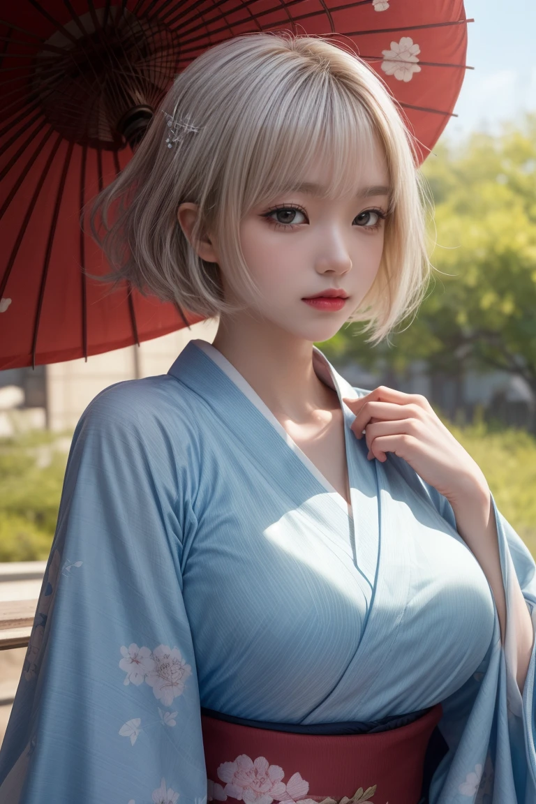 reflected light、Platinum blonde hair with dazzling highlights、Shiny Hair、beautiful shiny bangs、bright, clear, Charm, large blue eye、A very beautiful, adorable and cute 16 year old girl.、Ample Bust、Beautiful detailed eye、 Beautifully detailed nose,((whole body:1.5)),eyeを強調するメイク、Scattered beneath the surface、Glamorous details、Nature background、Super huge breasts、((Cinematic))、(Loose and fluffy perm:1.4)、1 girl、((Bob Hair:1.3))、超Genuineな8K CG、絵に描いたようなperfectionなperfectionな顔、perfection、clean、masterpiece、Professional artwork、 Famous works of art、perfectionな顔、Beautiful Face、美しいeyeのない女性の体))、alone、(Immersive atmosphere、Claire Obscure:1.5、bright light:1.2、bright lighting)、(blush:0.5)、Captivating look、Very detailed_eye、Beautifully detailed backgrounds、Written boundary depth、Genuine:1.3、Long Shot、whole body、(Zhou Haoguang:1.3)、(Cinematic composition:1.3)、(Puffy eye:1.2)、(Slim legs)、(Light on face and chest)、(((((Underbust)))))、Under the chest、Oily skin、thin、 Mature Woman、Light blue hair、((bright灰色の髪))、(((Two-tone hair)))、Slender women、Cute Woman、 8K Ultra HD,Detailed face、Delicate texture, ((Japanese clothing style))、((Girl in kimono))、((番umbrellaを持つ女の子))、((Wear a Japan kimono))、(At dusk)、(shrine)、umbrella