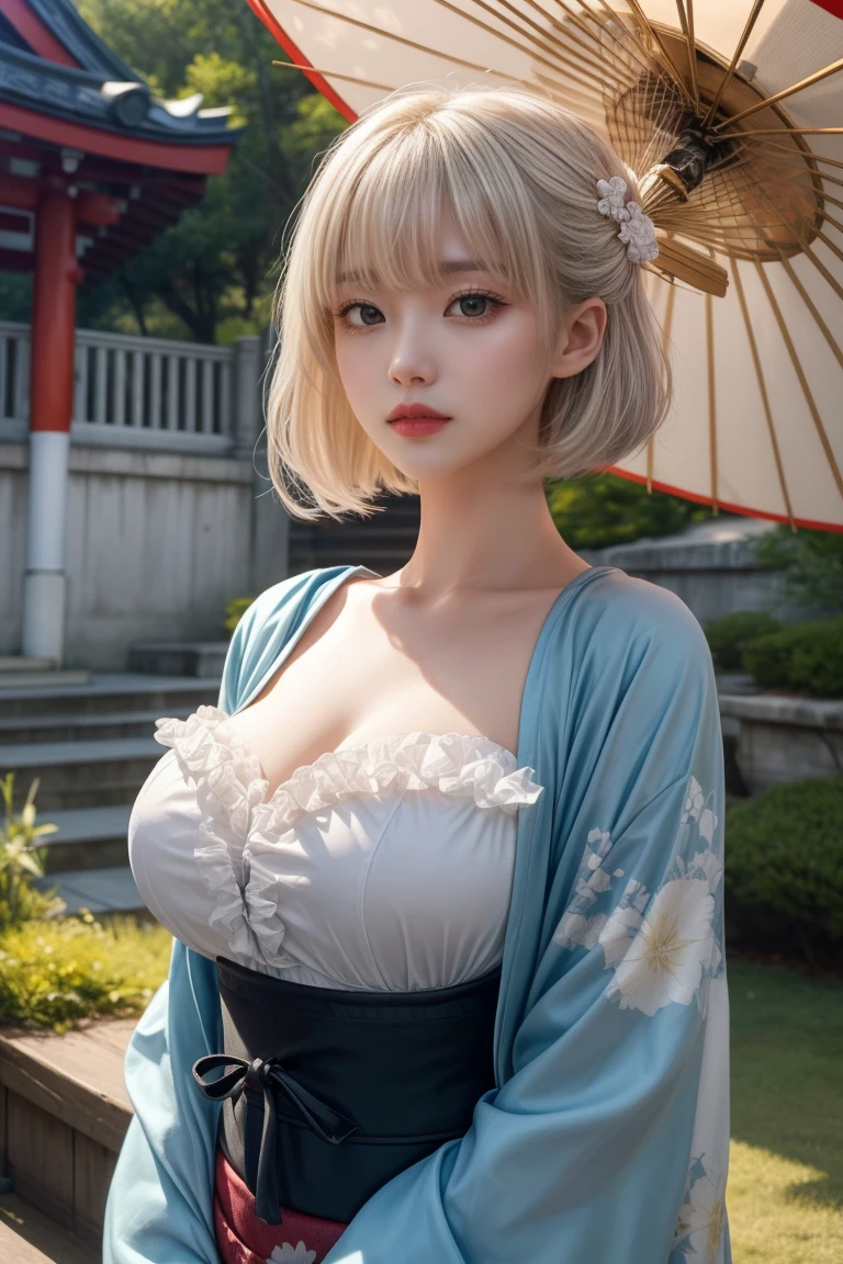 reflected light、Platinum blonde hair with dazzling highlights、Shiny Hair、beautiful shiny bangs、bright, clear, Charm, large blue eye、A very beautiful, adorable and cute  girl.、Ample Bust、Beautiful detailed eye、 Beautifully detailed nose,((whole body:1.5)),eyeを強調するメイク、Scattered beneath the surface、Glamorous details、Nature background、Super huge breasts、((Cinematic))、(Loose and fluffy perm:1.4)、1 girl、((Bob Hair:1.3))、超Genuineな8K CG、絵に描いたようなperfectionなperfectionな顔、perfection、clean、masterpiece、Professional artwork、 Famous works of art、perfectionな顔、Beautiful Face、美しいeyeのない女性の体))、alone、(Immersive atmosphere、Claire Obscure:1.5、bright light:1.2、bright lighting)、(blush:0.5)、Captivating look、Very detailed_eye、Beautifully detailed backgrounds、Written boundary depth、Genuine:1.3、Long Shot、whole body、(Zhou Haoguang:1.3)、(Cinematic composition:1.3)、(Puffy eye:1.2)、(Slim legs)、(Light on face and chest)、(((((Underbust)))))、Under the chest、Oily skin、thin、 Mature Woman、Light blue hair、((bright灰色の髪))、(((Two-tone hair)))、Slender women、Cute Woman、 8K Ultra HD,Detailed face、Delicate texture, ((Japanese clothing style))、((Girl in kimono))、((番umbrellaを持つ女の子))、((Wear a Japan kimono))、(At dusk)、(shrine)、umbrella