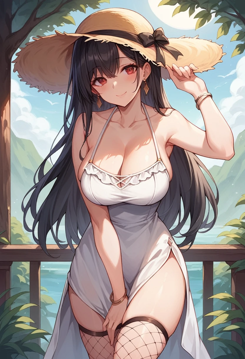 1girl, solo, long hair, breasts, looking at viewer, blush, smile, bangs, large breasts, black hair, red eyes, thighhighs, hat, dress, cleavage, bare shoulders, jewelry, closed mouth, standing, collarbone, thighs, earrings, outdoors, sky, sleeveless, day, white dress, arm up, bracelet, tree, bare arms, sleeveless dress, fishnets, sun hat, straw hat, sundress, hand on own thigh, fishnet thighhighs, halter dress