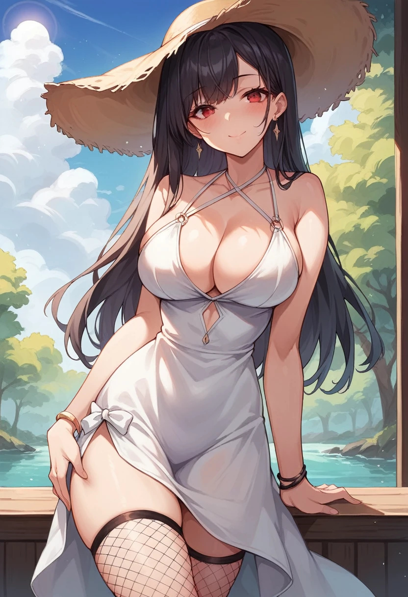1girl, solo, long hair, breasts, looking at viewer, blush, smile, bangs, large breasts, black hair, red eyes, thighhighs, hat, dress, cleavage, bare shoulders, jewelry, closed mouth, standing, collarbone, thighs, earrings, outdoors, sky, sleeveless, day, white dress, arm up, bracelet, tree, bare arms, sleeveless dress, fishnets, sun hat, straw hat, sundress, hand on own thigh, fishnet thighhighs, halter dress