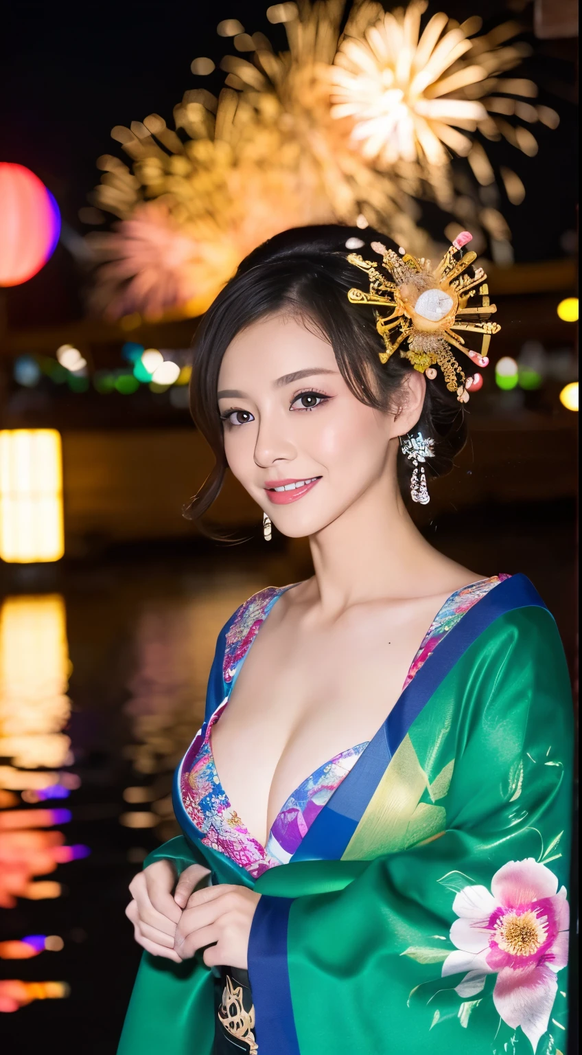 ((masterpiece(:1.4),Highest quality,Ultra-high resolution,Highest quality,8k,Extremely detailed,In detail))。night,Fireworks display,Japanese,A beautiful woman,Big Breasts,Flashy gal makeup,Oiran,Long-sleeved kimono,Hair tying,hairpin,hair ornaments,geta,Gorgeous and luxurious,(Fireworks displayのnightに河川敷で花火を背景にしたスナップ写真),Hyper Quality