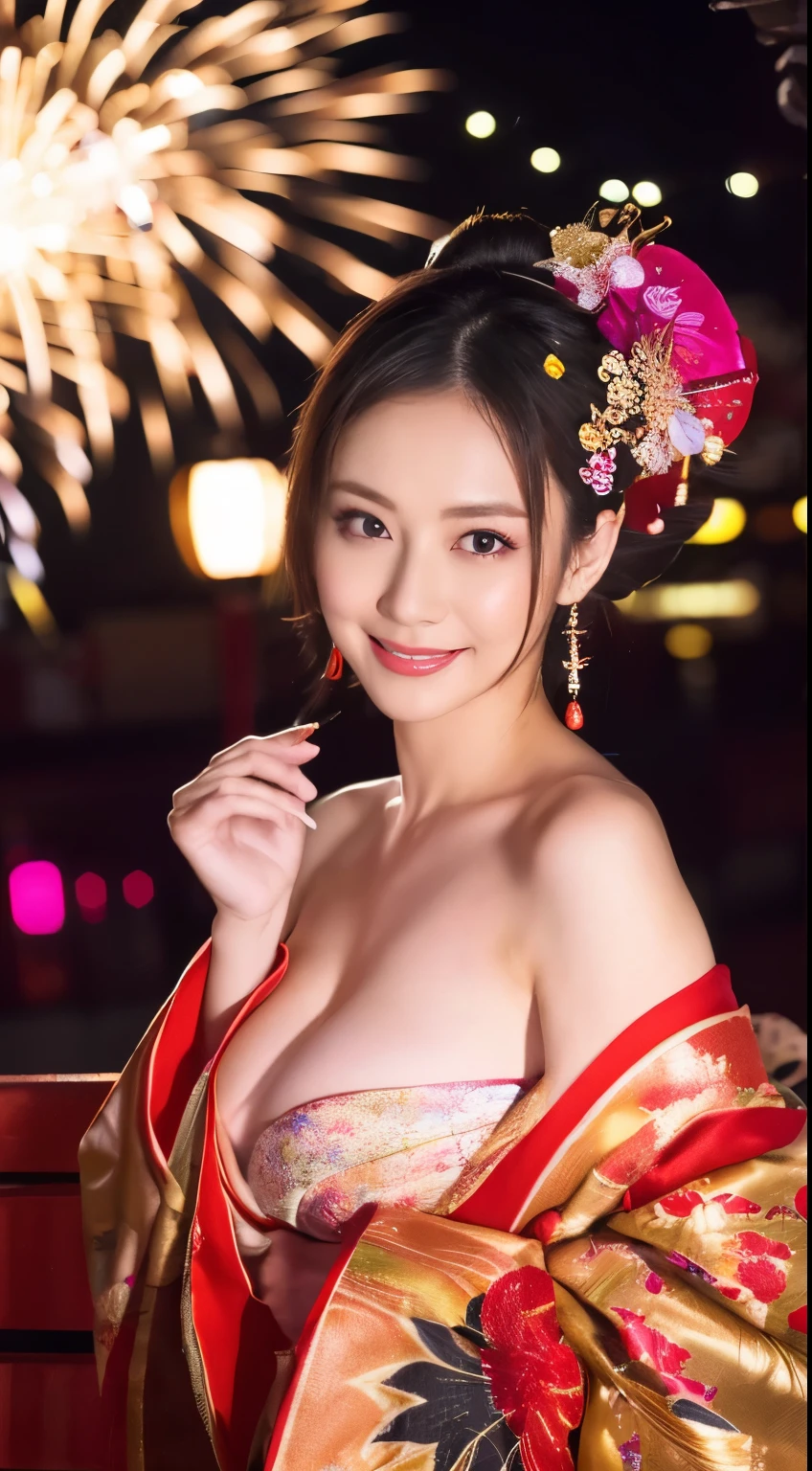 ((masterpiece(:1.4),Highest quality,Ultra-high resolution,Highest quality,8k,Extremely detailed,In detail))。night,Fireworks display,Japanese,A beautiful woman,Big Breasts,Flashy gal makeup,Oiran,Long-sleeved kimono,Hair tying,hairpin,hair ornaments,geta,Gorgeous and luxurious,(Fireworks displayのnightに河川敷で花火を背景にしたスナップ写真),Hyper Quality