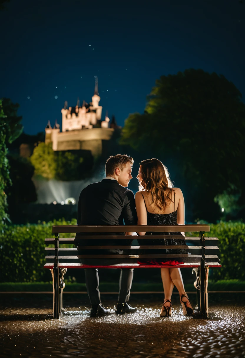 Intimate and high-quality photos odebt (Couple:1.2), sit (bench:1.1), (Enchanting Light:1.1), sexy, Passionate, Exquisitely crafted down to the last detail, (Sweat:1.1) and (Sparkling water droplets:1.1), Castle Background, Sony Alpha 7R IV Camera, Digital photography, debt/2.8 Lenses, Black-Red, , Too many realistic textures, Social Media Trends, Night Light