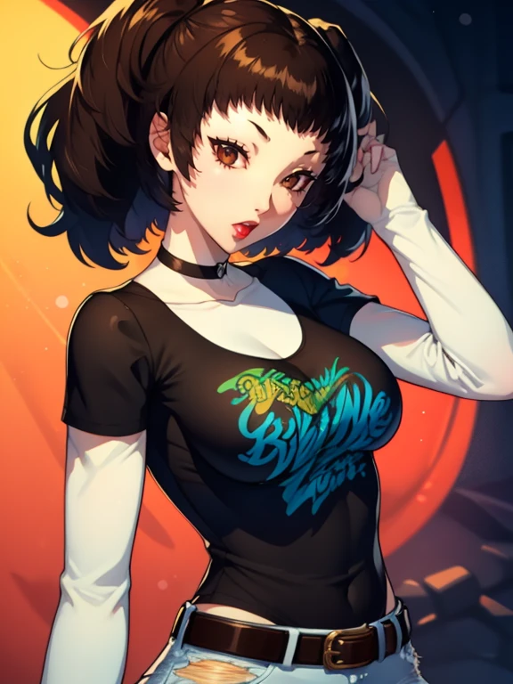 Rise Kujikawa (Persona) ,glossy lips, brown hair, 1girl, solo, black t-shirt, white shirt, blue jeans, belt, lipstick, large breasts, layered sleeves