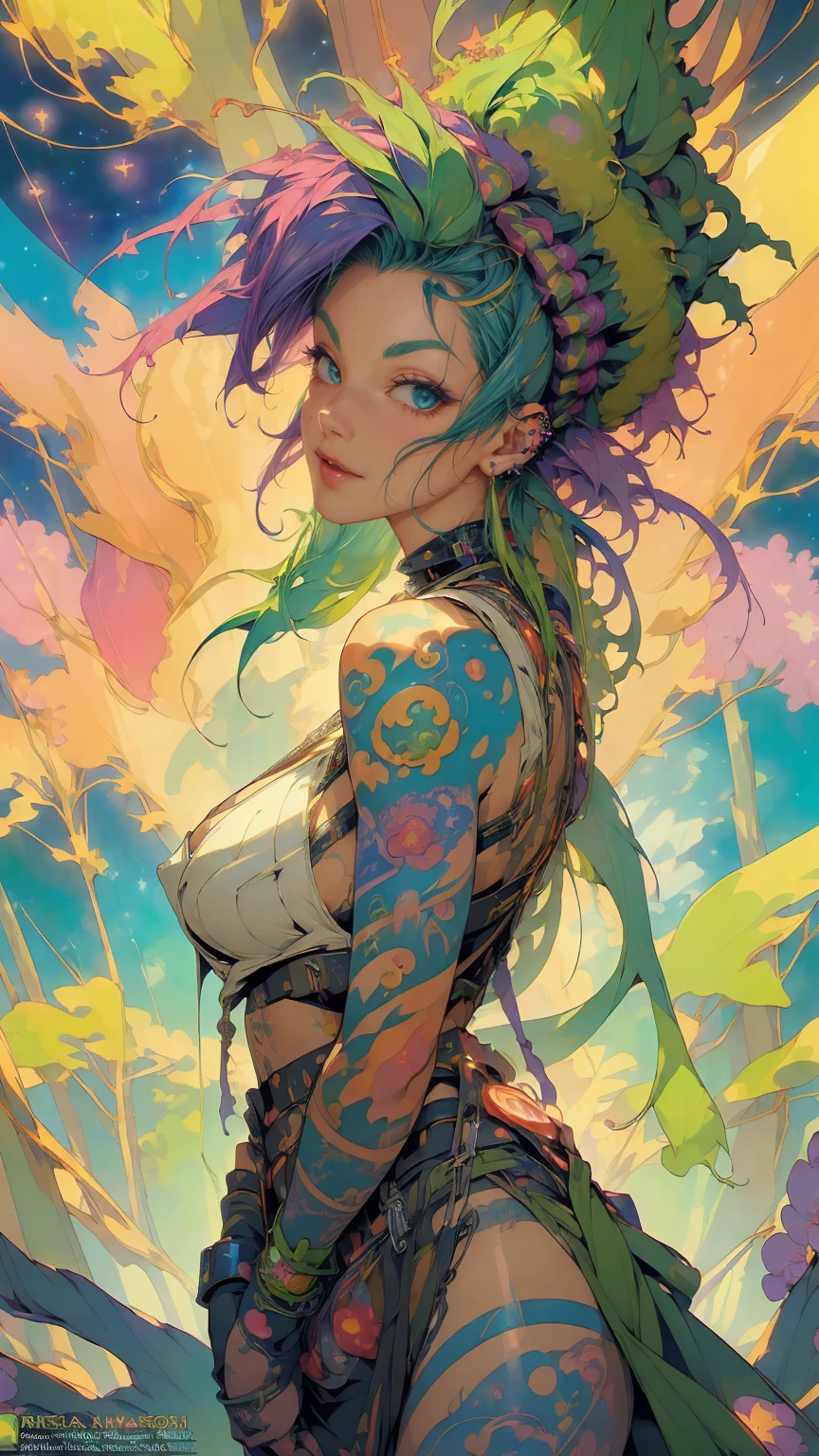 (NSFW:1.2), (masterpiece, top quality, best quality, official art, beautiful, cosmic, atmospheric, psychedelic, dreamlike and aesthetic:1.2), (1girl, green punk rock mohawk hair, tons of tattoos and piercings, super huge enormously gigantic tits), extreme detailed,(fractal art:1.3),colorful,highest detailed, cherry blossoms and butterflies blowing in the wind 