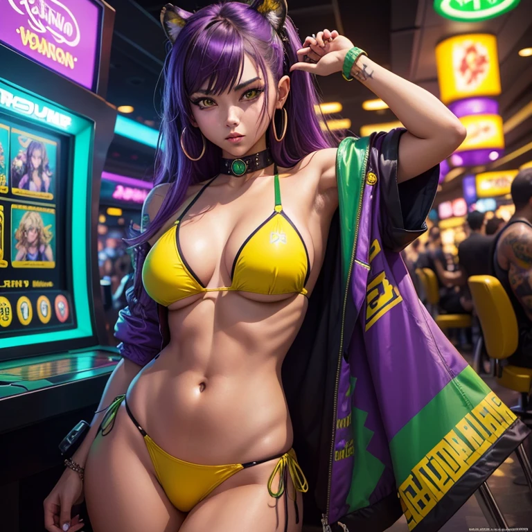 give me a tiger humanoid girl, anime style, she is beautiful, she is wearing a Brazilian bikini, a green and yellow bikini, she's gambling in a casino, she has tattoos, a lot of slot machines on background. Add some purple shadows to it. Make it look like cyberpunk