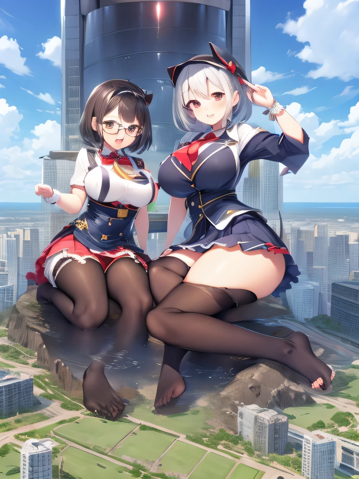 multiple girls, 3girls, standing, giantess art, highly detailed giantess shots, giantess, most detailed, perfect face, Two legs, Five fingers, short hair, A high school girl who is bigger than a skyscraper, Wearing rimless glasses, smile, huge breasts, Navy blazer, Red tie, mini skirt, black pantyhose, no shoes on, toes visible through pantyhose, Steam coming out from the soles of my feet, seaside metropolis, numerous miniature warships on the sea, Destroying cities, Under heavy attack, A very small big city, Miniature metropolis, Full body description, GTS, giga giantess, gigagts, stomping city, crash city, tiny city, micro city, pantyhose feet, High resolution, highest quality, masterpiece,