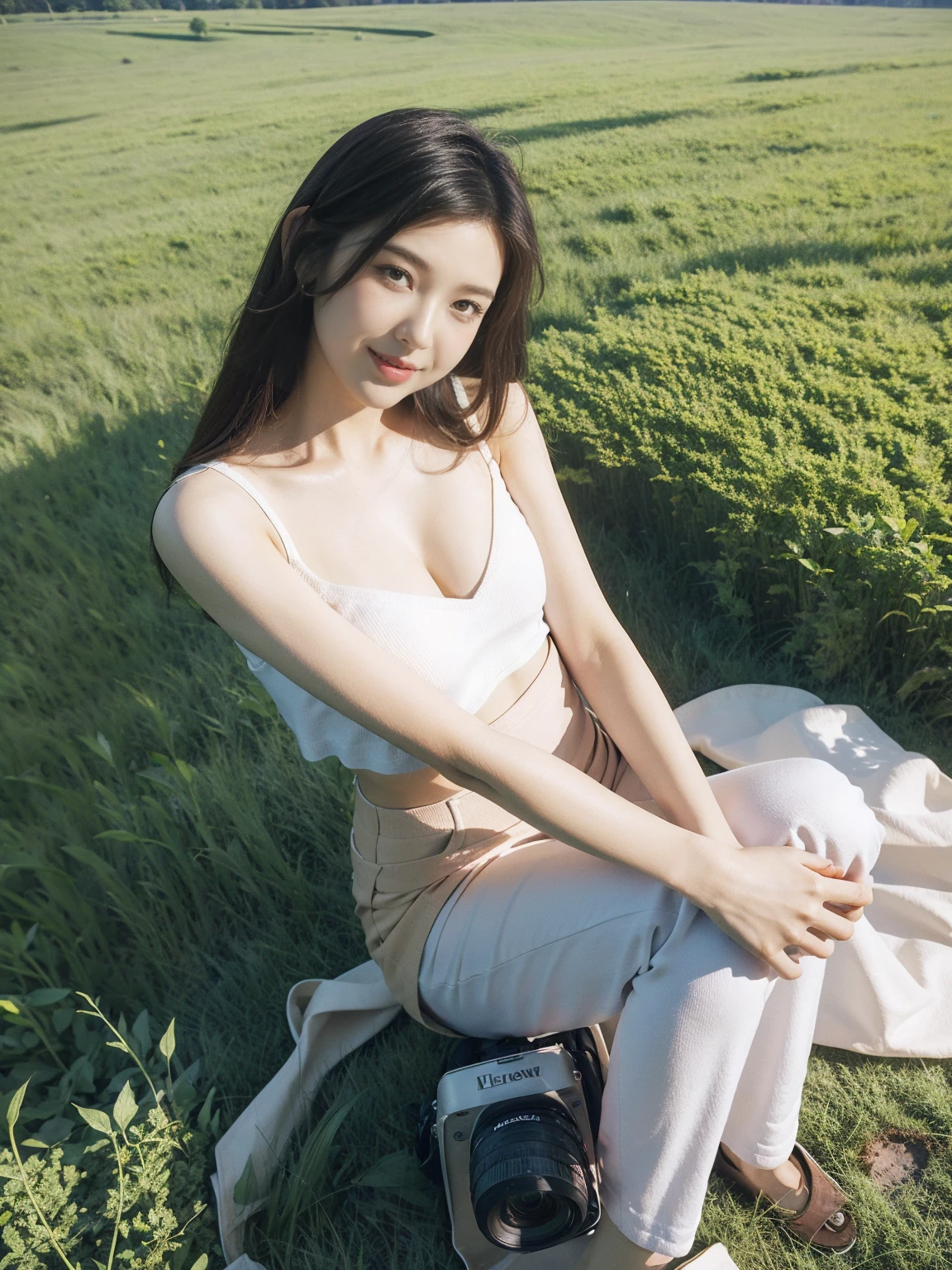 A beautiful girl sitting in a green meadow, smile, sexy pose, bottom view, gazing at the sky, canon camera, 35mm lens