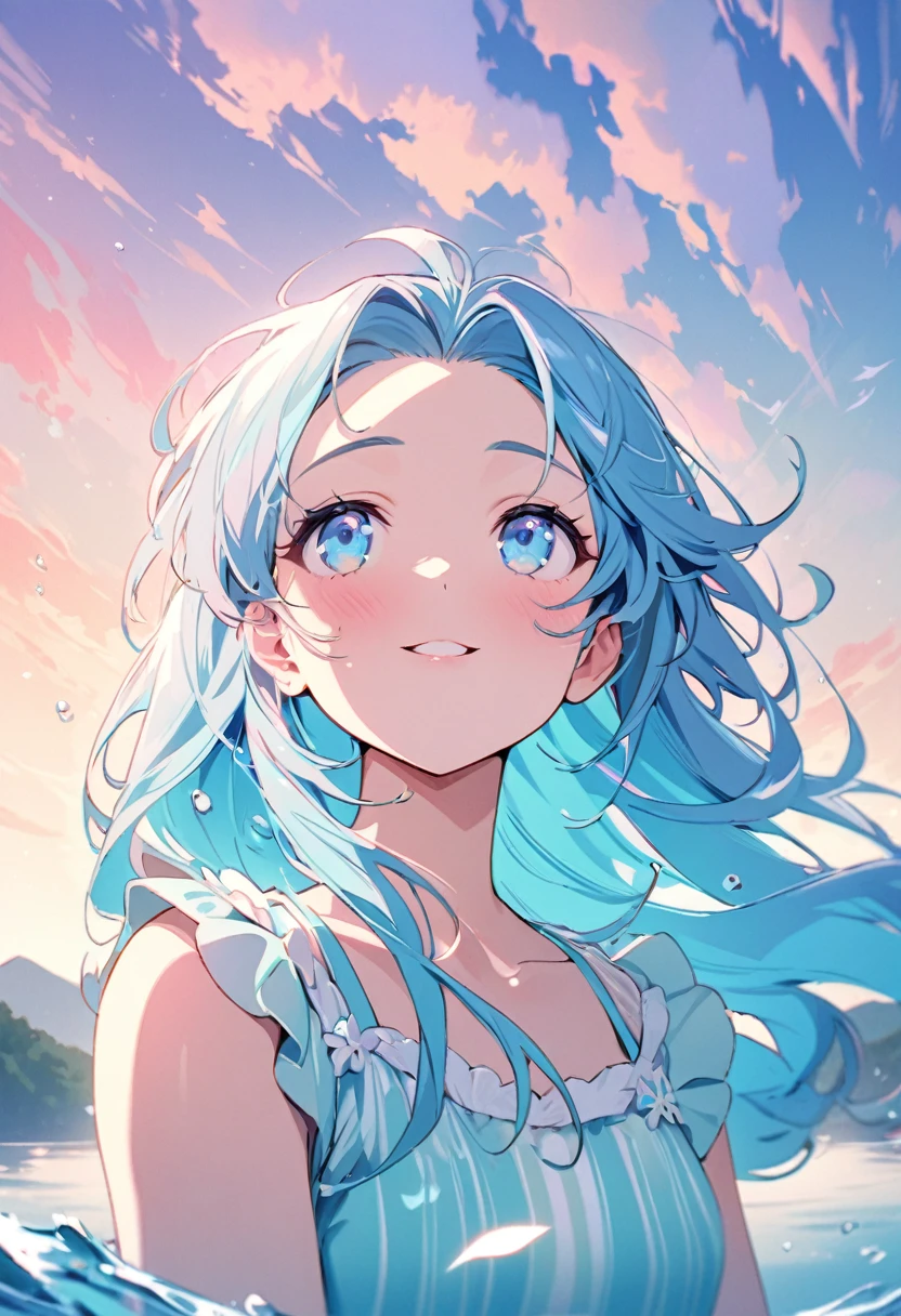 (beautiful Pastel color art style), (solo:2, 15 yo), (beautiful forehead) (beautiful detailed blue hair, long hair) (best lovely girl, best cute blue eyes, glossy lip, , looking up, best love smile:1.1), in a immensely beautiful summer onepiece dress with double exposure water, break, in the beautiful Mountainous region, background countryside, BREAK, perfect anatomy, masterpiece, best quality, beautiful detailed pastel color, daydreaming expression.