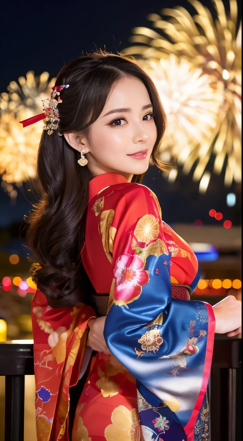 ((masterpiece(:1.4),Highest quality,Ultra-high resolution,Highest quality,8k,Extremely detailed,In detail))。night,Fireworks display,Japanese,A beautiful woman,Big Breasts,Flashy gal makeup,Oiran,Long-sleeved kimono,Hair tying,hairpin,hair ornaments,geta,Gorgeous and luxurious,(Fireworks displayのnightに河川敷で花火を背景にしたスナップ写真),Hyper Quality