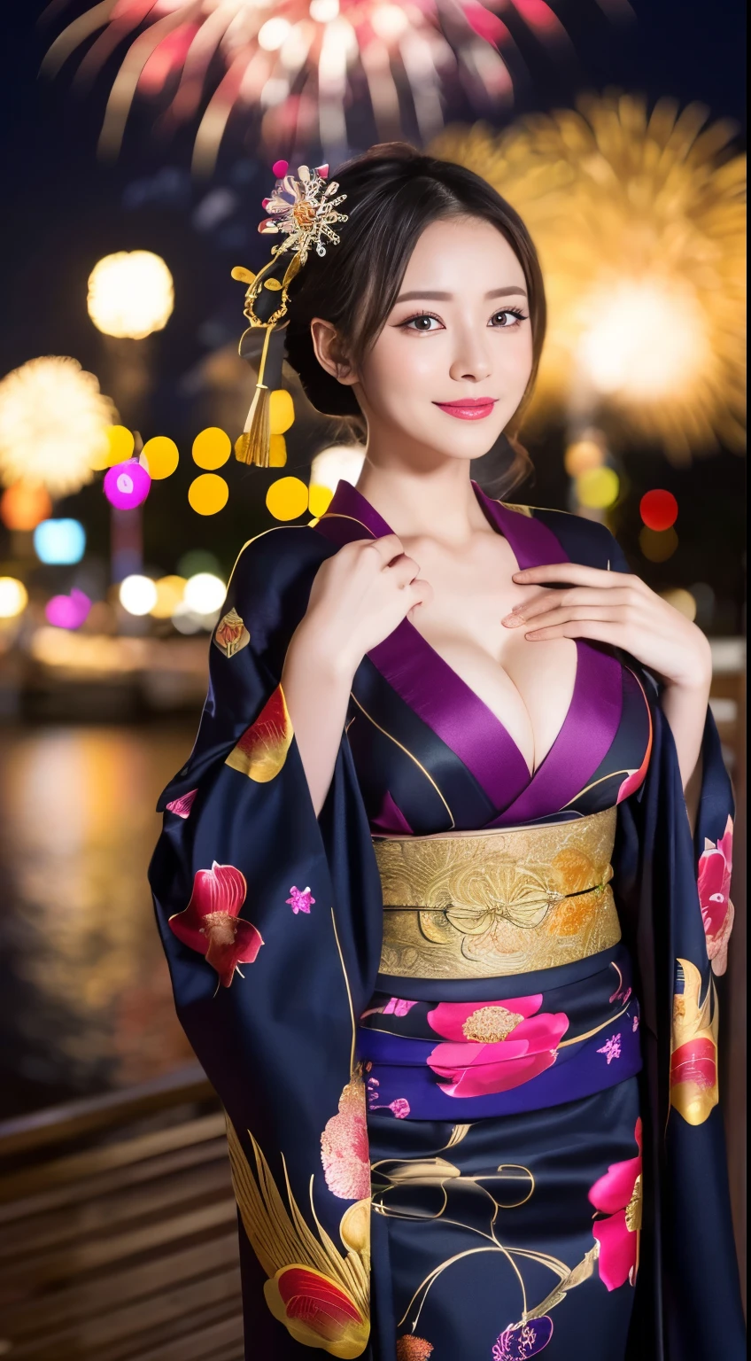 ((masterpiece(:1.4),Highest quality,Ultra-high resolution,Highest quality,8k,Extremely detailed,In detail))。night,Fireworks display,Japanese,A beautiful woman,,Flashy gal makeup,Oiran,Long-sleeved kimono,Hair tying,hairpin,hair ornaments,geta,Gorgeous and luxurious,(Fireworks displayのnightに河川敷で花火を背景にしたスナップ写真),Hyper Quality