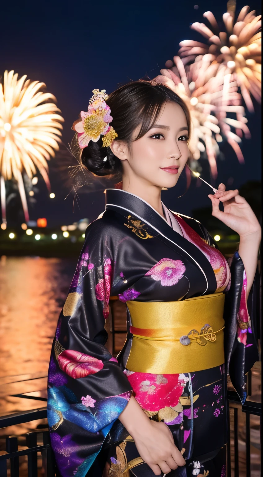 ((masterpiece(:1.4),Highest quality,Ultra-high resolution,Highest quality,8k,Extremely detailed,In detail))。night,Fireworks display,Japanese,A beautiful woman,Big Breasts,Flashy gal makeup,Oiran,Long-sleeved kimono,Hair tying,hairpin,hair ornaments,geta,Gorgeous and luxurious,(Fireworks displayのnightに河川敷で花火を背景にしたスナップ写真),Hyper Quality