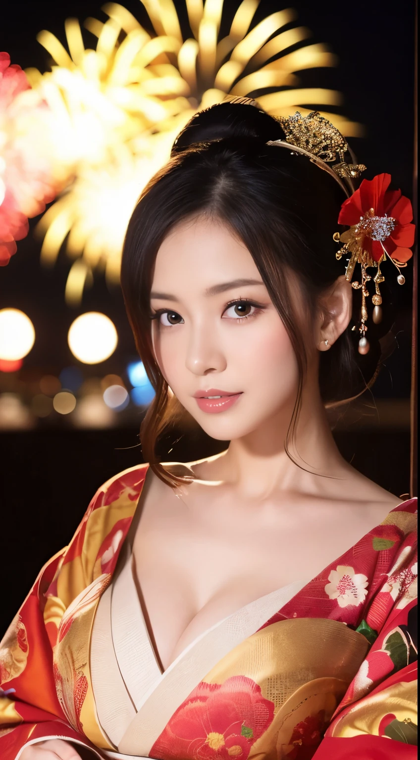 ((masterpiece(:1.4),Highest quality,Ultra-high resolution,Highest quality,8k,Extremely detailed,In detail))。night,Fireworks display,Japanese,A beautiful woman,Big Breasts,Flashy gal makeup,Oiran,Long-sleeved kimono,Hair tying,hairpin,hair ornaments,geta,Gorgeous and luxurious,(Fireworks displayのnightに河川敷で花火を背景にしたスナップ写真),Hyper Quality