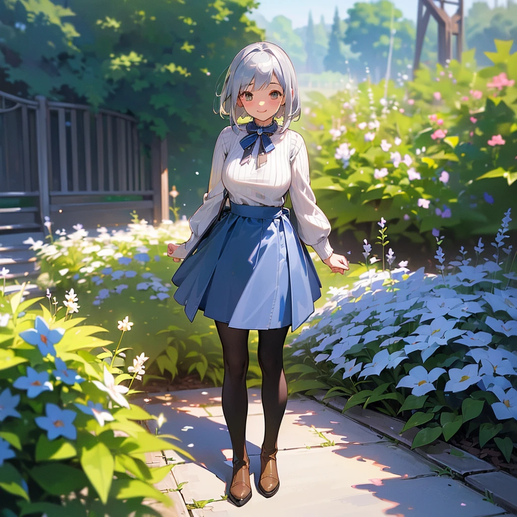 (high quality, High resolution, Very detailed, reality:1.37), Peaceful atmosphere, (Outdoor, garden), Teenage girl standing alone, (my breasts are big.), Beautiful details, Cute Smile, (Silver Hair Bob Hair), Ribbed sweater, Blue Skirt, Black tights, Brown boots.