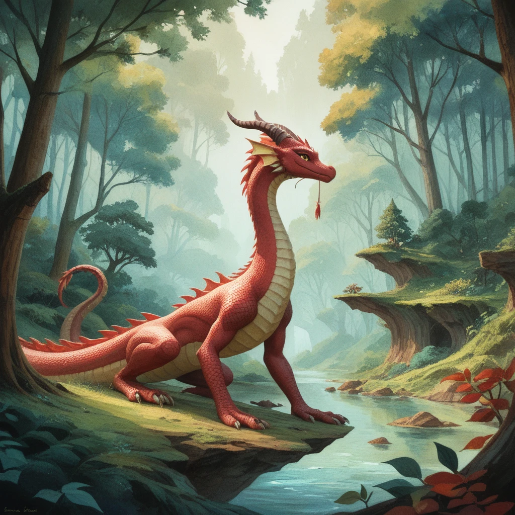 fancy, Burgundy Dragon Character, ocher colored eyes and claws, Enchanted forest landscape, earthy color palette, Scale texture, watercolor style, Perspective 2d art, make the head more proportional and improve the bottom 