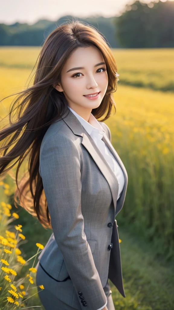 highest quality、genuine、Super detailed、finely、High resolution、8k wallpaper、one beautiful woman、、、light brown disheveled hair、wearing a business suit、sharp focus、perfect dynamic composition、beautiful and detailed eyes、thin hair、Detailed genuine skin texture、smile、model body shape、In a windswept meadow