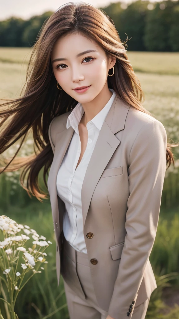 highest quality、genuine、Super detailed、finely、High resolution、8k wallpaper、one beautiful woman、、、light brown disheveled hair、wearing a business suit、sharp focus、perfect dynamic composition、beautiful and detailed eyes、thin hair、Detailed genuine skin texture、smile、model body shape、In a windswept meadow