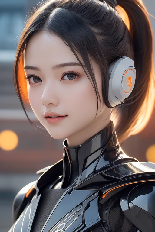 Top Quality, Masterpiece, Ultra High Resolution, (Photorealistic: 1.4), Raw Photo, 1 Girl, Black Hair, Glossy Skin, 1 Mechanical Girl, (((Ultra Realistic Details)), Portrait, Global Illumination, Shadows, Octane Rendering, 8K, Ultra Sharp, Intricate Ornaments Details, realistic skin, sweat effect, ((wearing Headphone)), very intricate detail, realistic light, CGSoation trend, brown eyes, glowing eyes, matte black and glossy orange mechanical bodysuit, Long hair, black hair, Ponytail hair, Half body shot, spaceship bridge background, dynamic pose, cute smile, close up, Open Mouth,