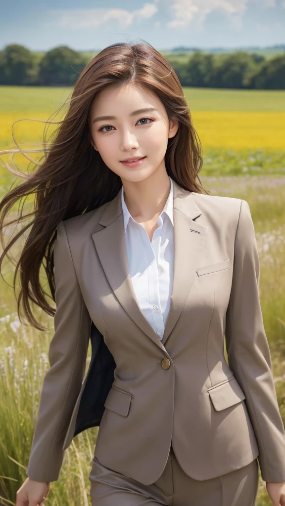 highest quality、genuine、Super detailed、finely、High resolution、8k wallpaper、one beautiful woman、、、light brown disheveled hair、wearing a business suit、sharp focus、perfect dynamic composition、beautiful and detailed eyes、thin hair、Detailed genuine skin texture、smile、model body shape、In a windswept meadow
