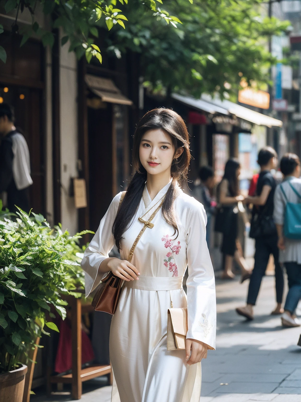 Generate a realistic image of a beautiful young woman walking through the vibrant streets of Hanoi's Old Quarter. She has long black hair, fair skin, and wears a traditional white silk ao dai with subtle floral embroidery. She carries a small handbag and a nón lá. The scene is set in the late afternoon with warm sunlight, capturing the historic French colonial architecture and street vendors. The image should include natural lighting, soft shadows, and a subtle depth of field effect, with realistic details like reflections, slight motion blur, and a gentle smile on her face