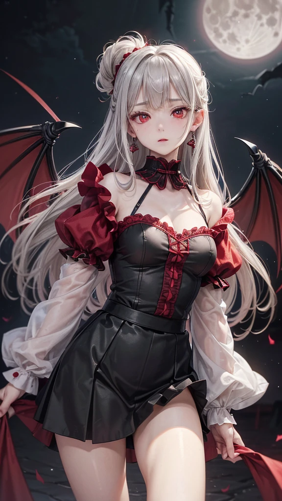 (Highest quality,Very detailed,High resolution:1.2),One Girl,Gray Hair,The most beautiful girl in human history,((1 photo from the front))、暗い red eyes (暗いred eyes:1.1),さみし気なaura(aura:1.1),(mysterious,Ghostly:1.1) atmosphere,Looks like half a demon,(Demonic traits,Demonic traits),(Elaborate,wonderful) Earrings,Small Ass,Long and beautiful legs、Semi-long hair up to the shoulders, ((Upper Body Shot)), D-cup beautiful breasts、Clear Eyes、Are standing、My cheeks are a little red,((Black maid outfit、Black long skirt))、((Huge bat-like wings growing from his shoulders)),((A big full moon shines in the dark night sky))、((No exposure))