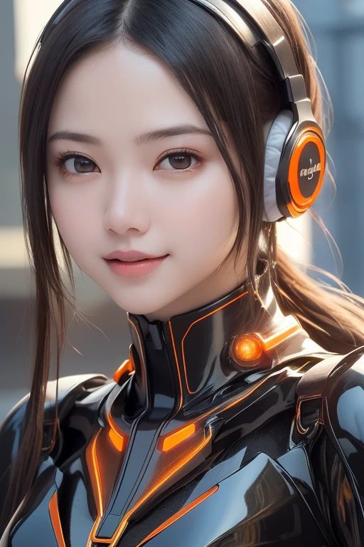 Top Quality, Masterpiece, Ultra High Resolution, (Photorealistic: 1.4), Raw Photo, 1 Girl, Black Hair, Glossy Skin, 1 Mechanical Girl, (((Ultra Realistic Details)), Portrait, Global Illumination, Shadows, Octane Rendering, 8K, Ultra Sharp, Intricate Ornaments Details, realistic skin, sweat effect, ((wearing Headphone)), very intricate detail, realistic light, CGSoation trend, brown eyes, glowing eyes, matte black and glossy orange mechanical bodysuit, Long hair, black hair, Ponytail hair, Half body shot, spaceship bridge background, dynamic pose, cute smile, close up, Open Mouth, 