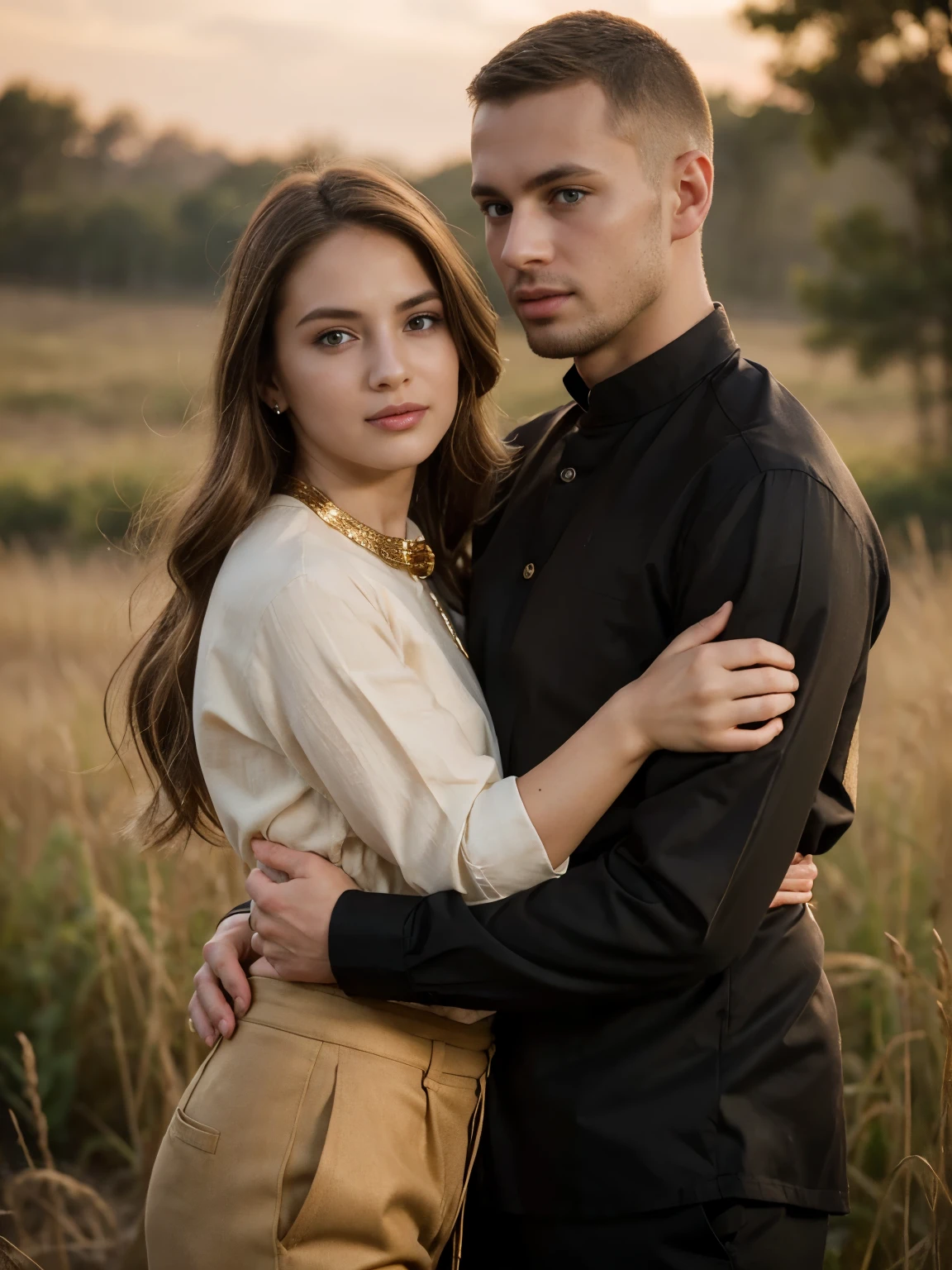 Black and White Photography、Front view, 1941 years, June, ww 2, looking face to face, (Russian 1 boy and Russian 1 girl is existence), be drafted into the army, (couple is love), standing, ((couple is hug, face to face)), girl is crying tear drop, The setting is a rural village during a festival, with people engaging in traditional activities and celebrating their heritage, sunset, (foreshortening, highness, forehead-to-forehead, Canon, textured skin, 8k, anatomically correct, super detail, high details ,female gold hair, male gold hair and buzz cut, khaki shirt and pant