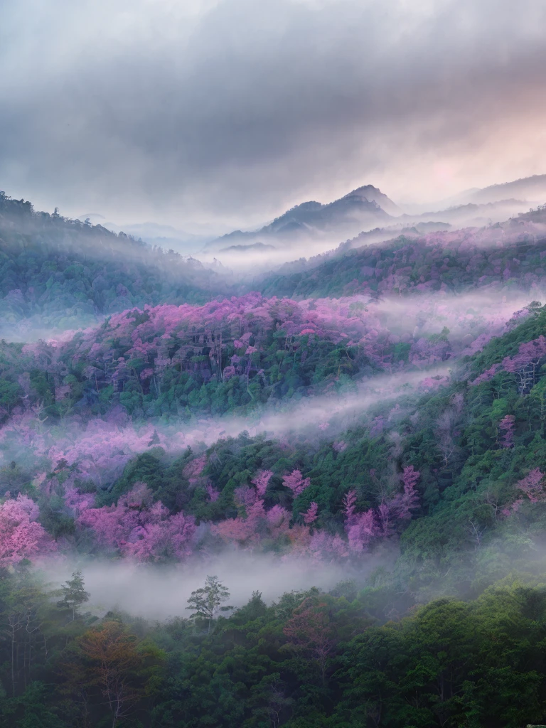 a highly detailed and glossy 3D panorama of a lush, dense Mountain forest with a soft, misty, foggy background in hues of pink and blue, (best quality,4k,8k,highres,masterpiece:1.2),ultra-detailed,(realistic,photorealistic,photo-realistic:1.37),vivid colors,studio lighting,physically-based rendering,professional