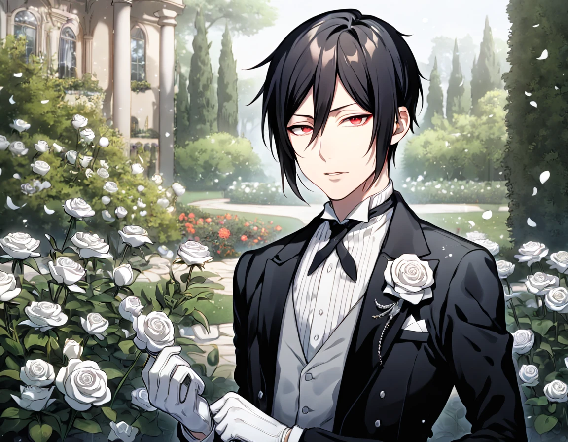 Ultra detailed, Highres, absurdres, HDR, master piece, best quality, Sebastian Michaelis, black hair, expressive red eyes, black jacket, grey vest, white shirt, Kuroshitsuji, sexy man, white petals, white roses, garden, handsome, sensual, white gloves, Black Butler,