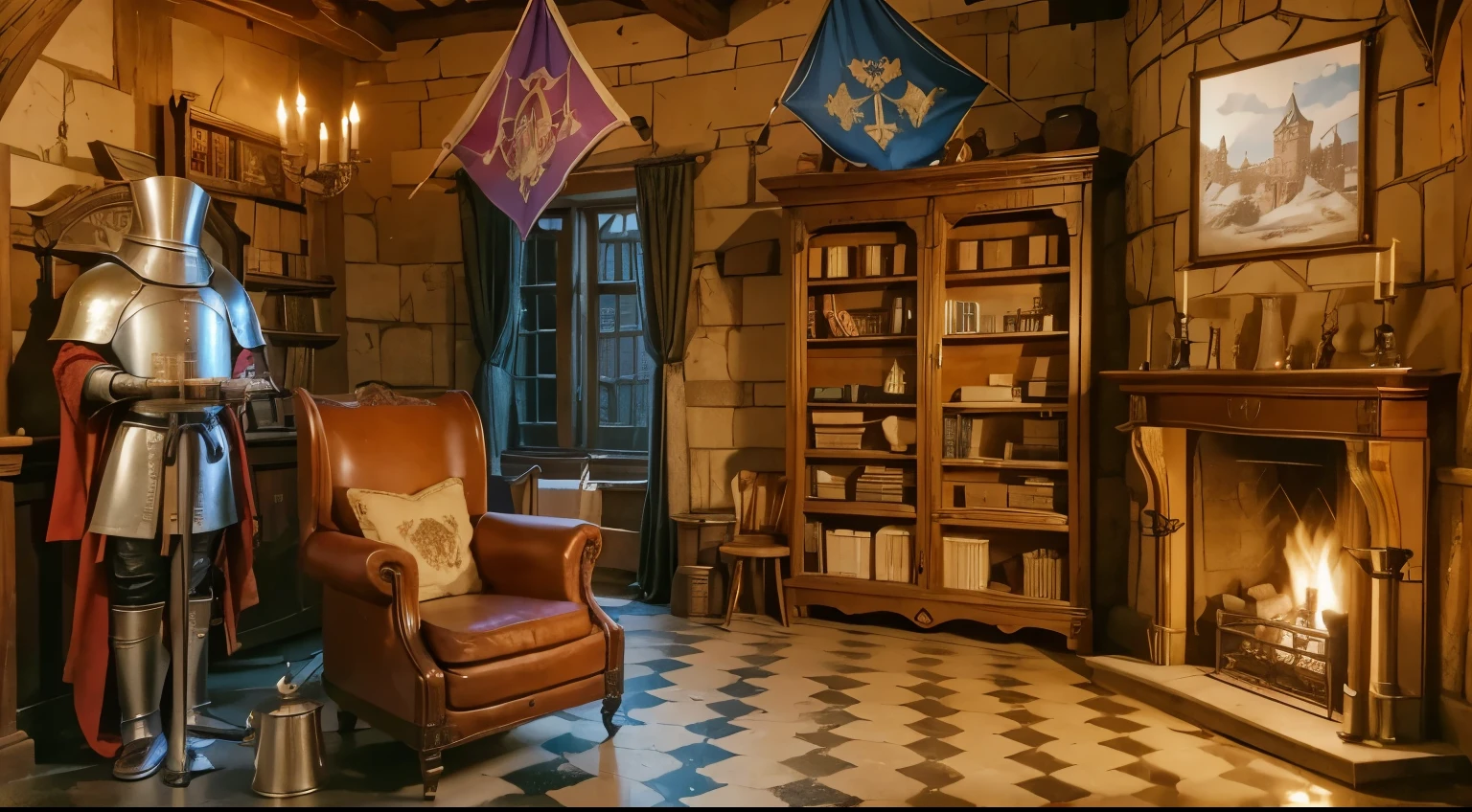 a pretty medieval catle room full of medieval castle objects, a heraldic fireplace, medieval book shelf, medieval chairs, a window in winter, fantasy castle, high resolution, a cup of tea, a medieval side cavalier, heraldic flags standart, a frame of cavaliers in wall, Medieval Knight Plate Armor holding a sword, a cup of the on chair
