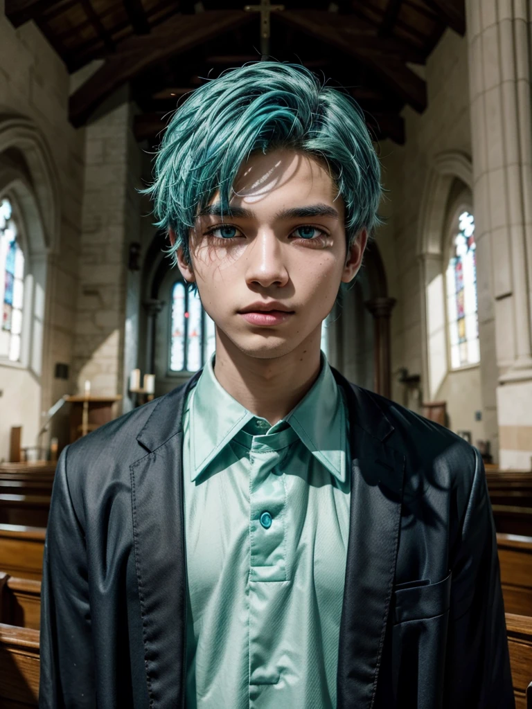 Black boy with light blue hair and green eyes, in church attire