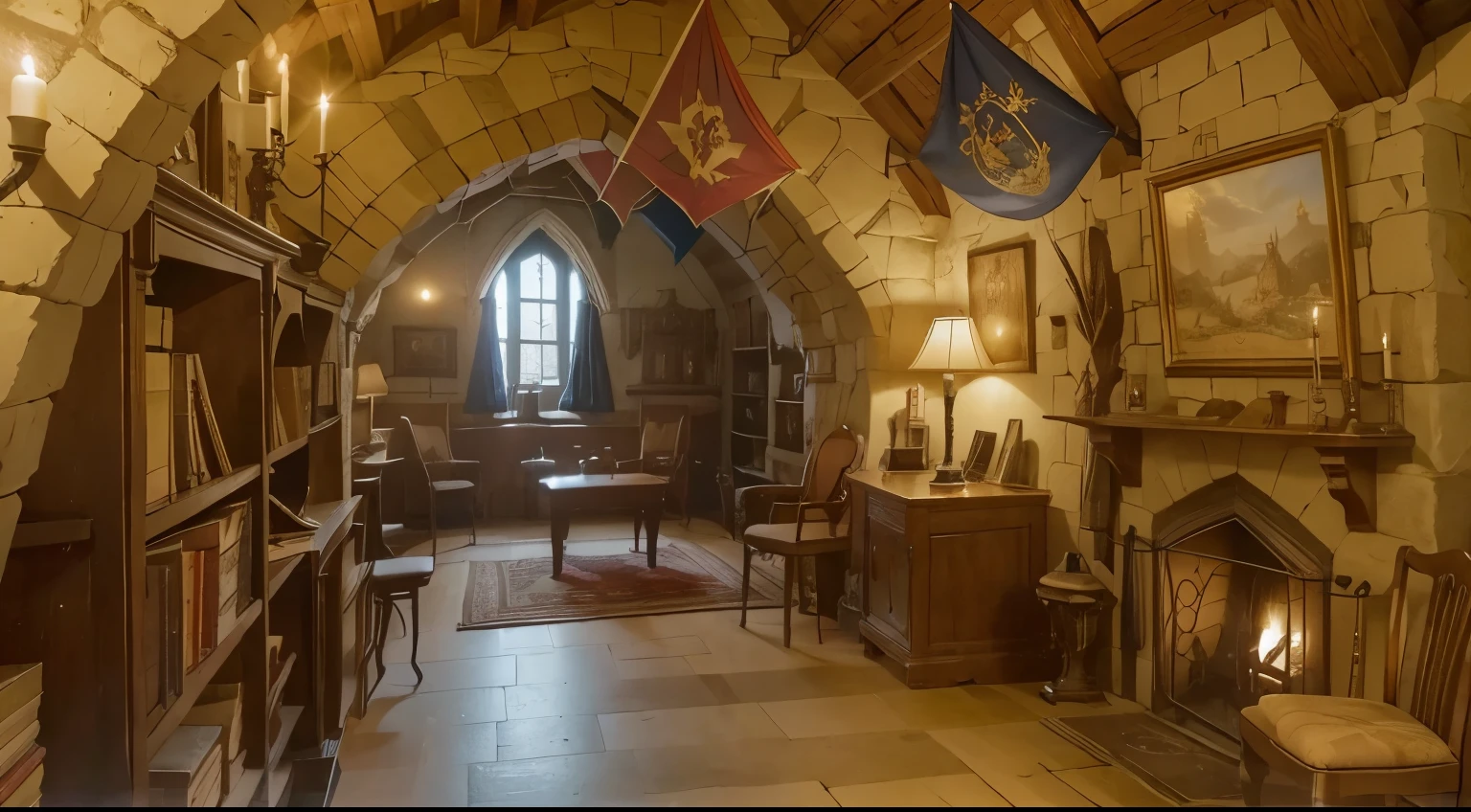 a pretty medieval catle room full of medieval castle objects, a heraldic fireplace, medieval book shelf, medieval chairs, a window in winter, fantasy castle, high resolution, a cup of tea, a medieval side cavalier, heraldic flags standart, a frame of cavaliers in wall, Medieval Knight Plate Armor holding a sword, a cup of the on chair