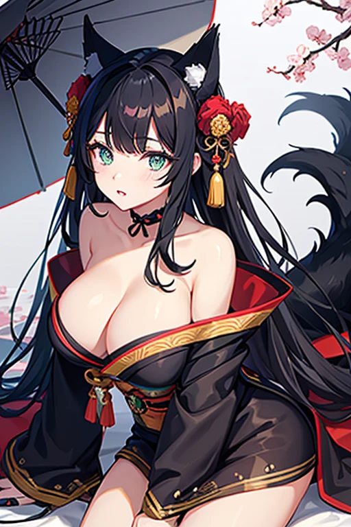 nine tailed girl, blue and green eyes, corpulent, full lips, long bluish black hair, black wolf ears, black white and red shoulder-to-shoulder yukata kimono.