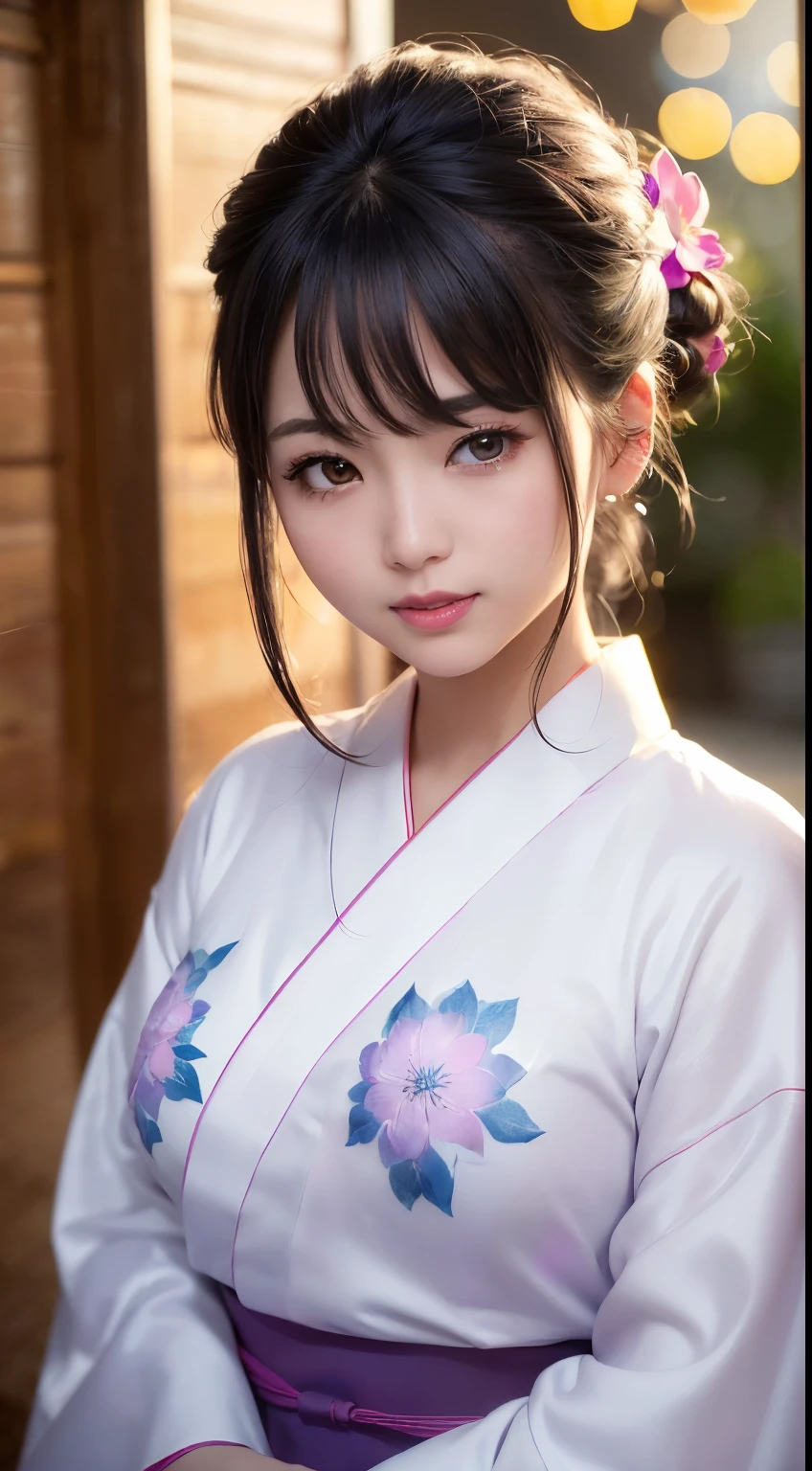 (logo、masterpiece、8k、Tabletop、RAW Photos、wonderful、最high quality、フォトリアリスティックでVery detailedな CG 複合 8k 壁紙、high quality、Very detailed、Narrative poem、Particle Effects、Dynamic Effects、Depth of the Boundary、Cinematic Light、Lens flare、Ray Tracing）、 (One beautiful woman wearing a yukata、White yukata、Light purple pattern)、Black-haired、High definition skin、Very fine、Fine skin texture、Beautiful Face、True Face、Beautiful details in the eyes、Realistic eyes、Beautifully detailed eyes、Realistic Skin、Beautiful Skin、Surreal、Smiling Eyes、Hair and light eyes、vivid、Colorful lights and bokeh、plump lower lip、Pink Lips、Hair flutters in Wind、Hair bounces、wonderful景色、night、evening、Wind、moonlight、moonlight、light