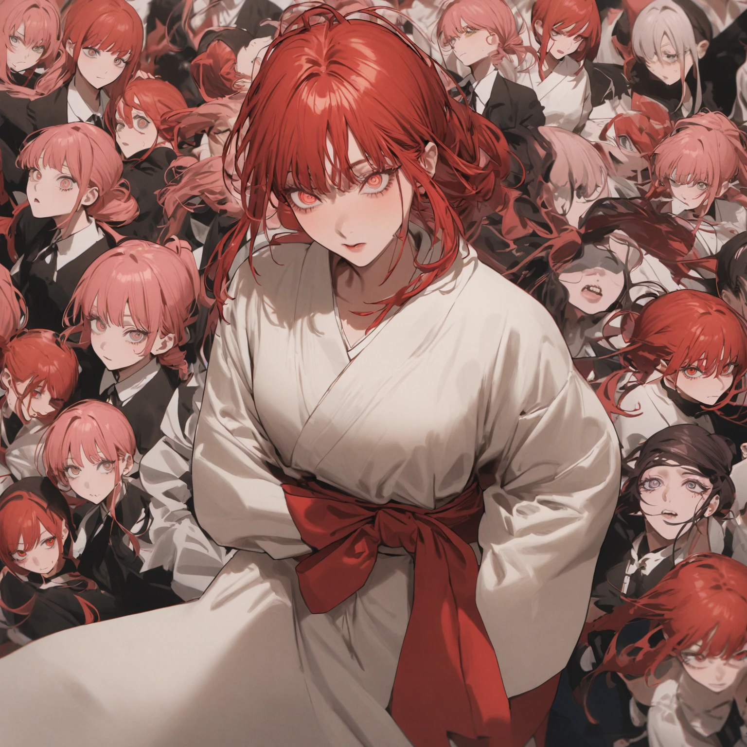 A woman with red hair and a white kimono is looking at the camera, Chainsaw Man マンガ, ( ( ( yoh yoshinari ) ) ), Makima, Chainsaw Man, Swirly eyes, Reincarnation, Makima, Red tint, Avant-garde, Edogawa Ranpo's Worldview, picaresque, Taisho Romance, In the Imperial City of Tokyo, A fantastic atmosphere, Makima, mysterious beautiful woman, Chainsaw ManのMakima, Very sharp beauty, A woman from a distinguished family in the 1920s, pretty much beautiful face, Sharp eyes with slit length, Very delicate and beautiful eyes, Captivating woman, Very stylish woman, Elegant and noble beauty, A woman who looks about 27 years old, Five fingered hand, Gorgeous and luxurious, a fine art painting by Yang J, Pixiv, Fantasy art, artwork in the style of Gwaiz, Gwaiz, Japanese art style, Chen Yifei, Female painting, Vivid and colorful paintings, Glamorous and luxurious, eiko ishioka, yuuki hagure, takeyuki kanda, inspired by Miwa Komatsu, Kazami Yuuka, Yoshitomo Nara, Yaoi Kasuma, Akiko Takase, Kazue Kato, Paintings from Nakahara Nantenbo, tumbler, What is it?, kimi takemura, For whom??, Yoshitomo Nara, chiho ashima, Aoi Ogata, kiyoko suzuki, Ishida Sui with black hair, Chen Yifeiに影響を与えた作品, Works that influenced Francesco Hayes, Inspired by Hendrik Terbruggen, Jean=Works that influenced Auguste Dominique Ingres, Works that influenced Liu Jun, Jean=Works that influenced Auguste Dominique Ingres, artwork in the style of Switzerland, by ヤン・J, Switzerland, Beautiful Art UHD 4K, Detailed painting 4k, Beautiful digital art, Beautiful artwork illustration, Switzerland masterpiece, By Chen Yanjun, Lee Song, Highest quality, The perfect angle, Perfect composition, Best Shot, Official Art, Cinematic Light, Figurative art, Beautiful and expressive paintings, Beautiful artwork illustration, wonderful, Cool Beauty, clear, mysterious, Highest quality, Official Art, Extremely delicate and detailed painting style, Beautiful and subtle effects, Elegant and beautiful painting art, The pinnacle of painting beauty, Perfect light, Perfect composition, The perfect angle, Perfect subject, Best Shot, Female Solo, Sharp contours, Face close-up