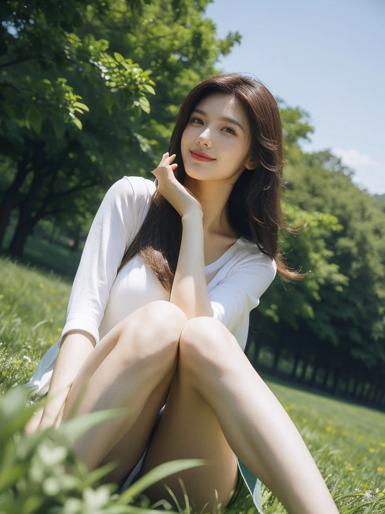 A beautiful girl sitting in a green meadow, smile, sexy pose, 2 hands, 2 feet, Angle taken from below and up, gazing at the sky, take by canon camera, 35mm lens