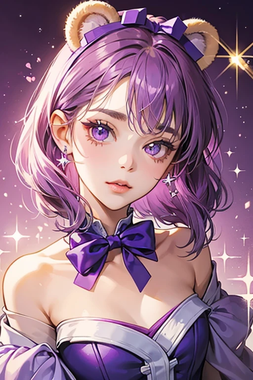 A glittering purple gummy girl bear with basic face and a muzzle. She wears a violet bow and has a bite missing from her ear. SPARKLE; GLITTER
