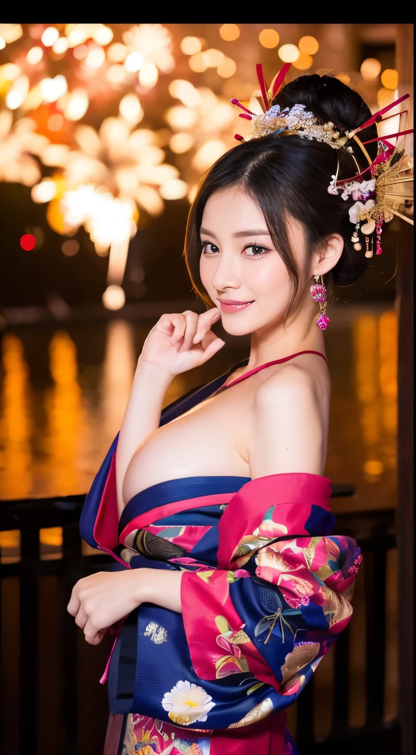 ((masterpiece(:1.4),Highest quality,Ultra-high resolution,Highest quality,8k,Extremely detailed,In detail))。whole body,night,Fireworks display,Japanese,A beautiful woman,Big Breasts,Oiran,Oiranメイク,Long-sleeved kimono,Hair tying,hairpin,hair ornaments,geta,Gorgeous and luxurious,(Fireworks displayのnightに河川敷で花火を背景にしたスナップ写真),Hyper Quality