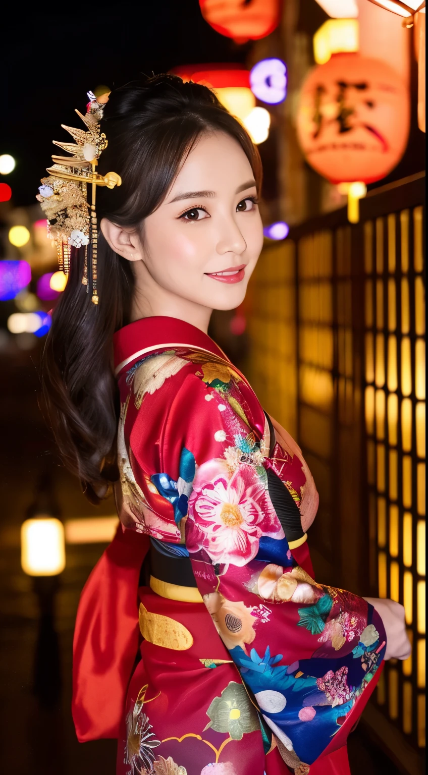 ((masterpiece(:1.4)，Highest quality，Ultra-high resolution，Highest quality，8k，Extremely detailed，In detail))。whole body，night，Fireworks display，Japanese，A beautiful woman，Big Breasts，Oiran，Oiranメイク，Long-sleeved kimono，Hair tying，hairpin，hair ornaments，geta，Gorgeous and luxurious，(Fireworks displayのnightに河川敷で花火を背景にしたスナップ写真)，Hyper Quality