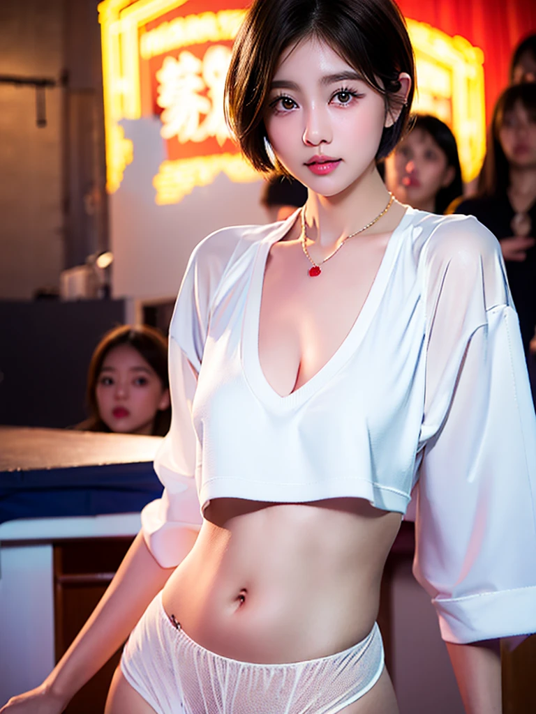 ((Highest quality))、(masterpiece:1.4)、RAW Photos、、((Best image quality))、 ((High resolution))、Beautiful face in every detail、Realistic human skin、Gentle expression、(One Woman:1.3 )、Realistic、Photorealistic、(Short hair on excess belly:1.4)、(Beautiful woman)、(Cute Japanese Girl)、(boyish:1.35)、((mannish))、((Beautiful woman))、(Beautiful Hair)、((Dark brown hair))、(((Red cheeks)))、((she has big eyes))、 Beauty of the year、(sheは顔が小さい:1.7)、Small Head、((Long neck))、White skin、Immaculate skin、With bangs、Everyone longs for、Beautiful woman in Japan、eight-headed body、(((date)))、((she))、(necklace)、(Music Festival:1.4)、blue sky、looking at the camera、(Concert T-shirts)、smile、(Larger clothes:1.3)、Happy expression、