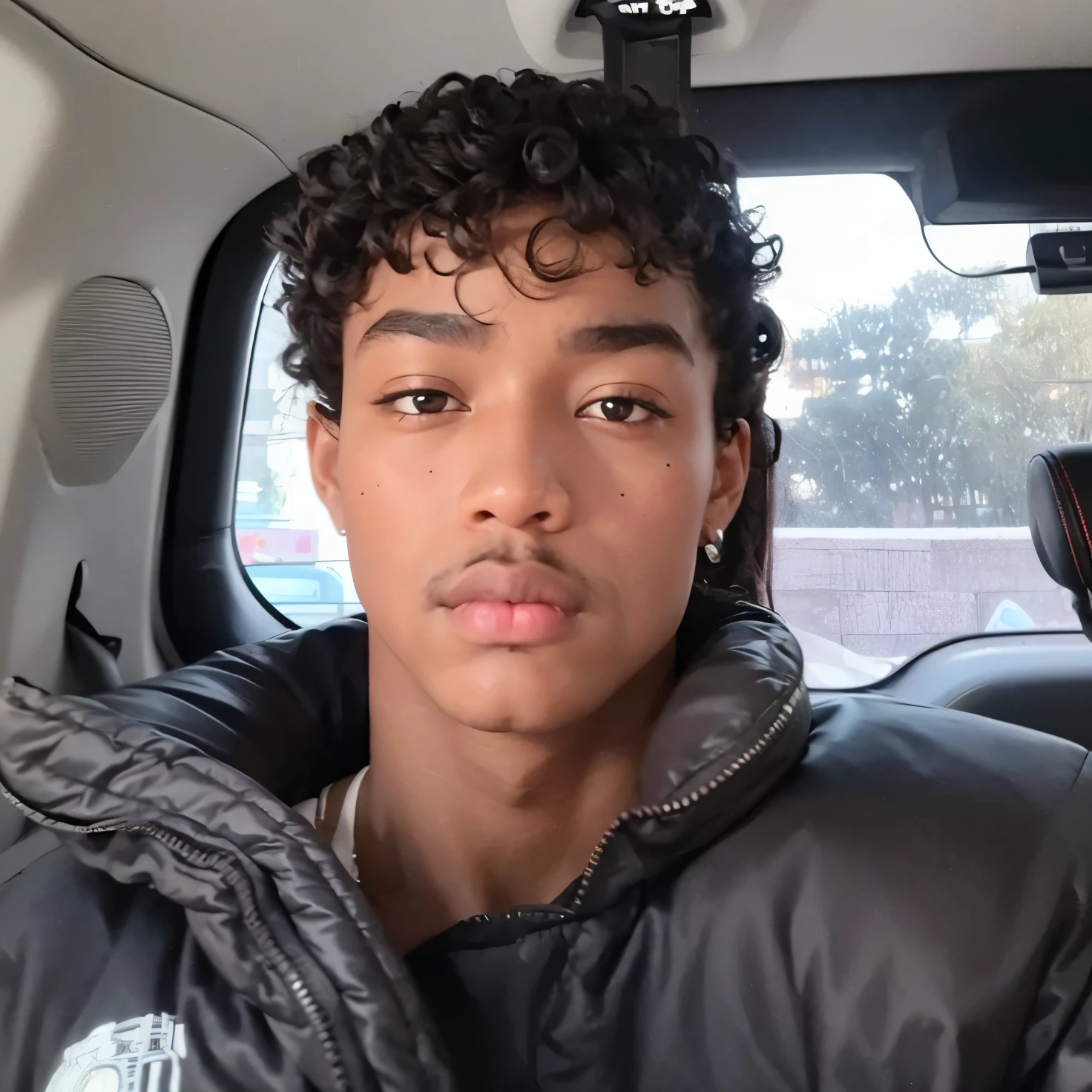 Serious-looking black man, with a marked jaw and striking eyes, little black mustache, serious black man, striking appearance, african man, doll-like eyes, rosy cheeks and chubby, slightly reddish lips. her red hair, straight and shiny, doll-like appearance.