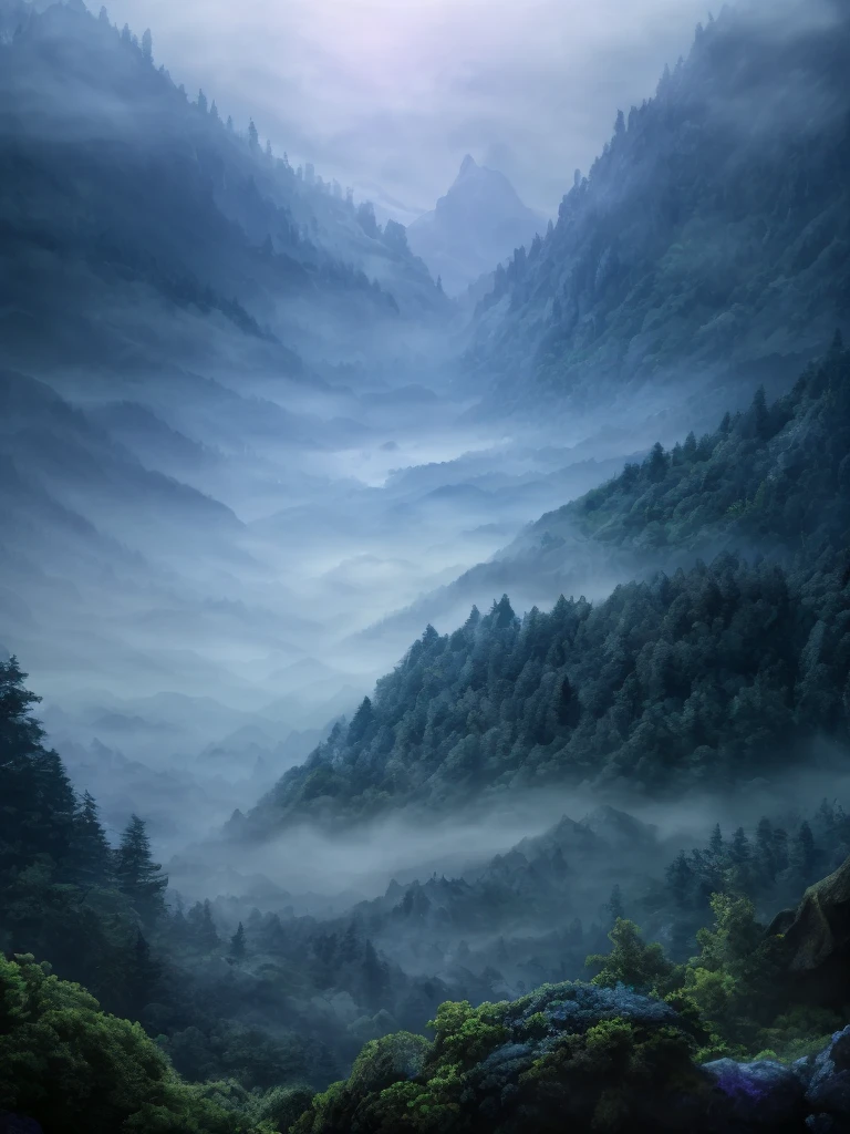 a highly detailed and glossy 3D panorama of a lush, dense mountain forest, soft misty foggy background, pink and blue hues, best quality, 4k, 8k, highres, masterpiece, ultra-detailed, realistic, photorealistic, photo-realistic, vivid colors, studio lighting, physically-based rendering, professional