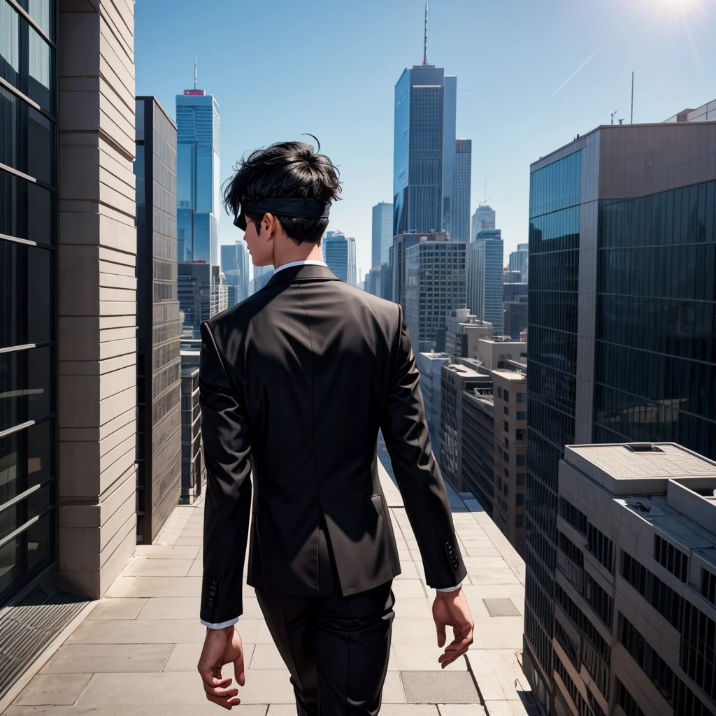 1boy, black hair, blindfolded, wearing all black suits, on top of a building, crying, high res, ultrasharp, 8k, masterpiece, looking at viewer from behind
